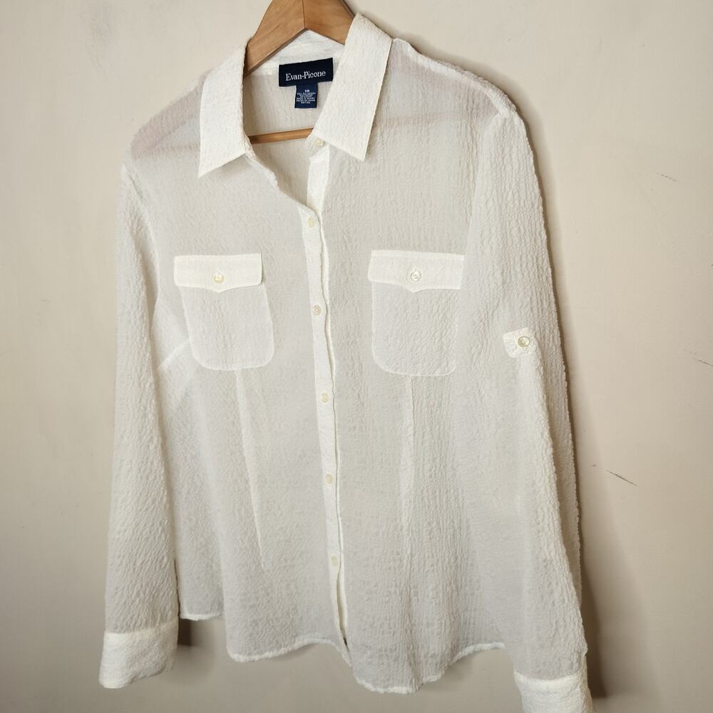 Evan Picone White Button Up Shirt Crinkle Tab Sleeve - Picture 4 of 9